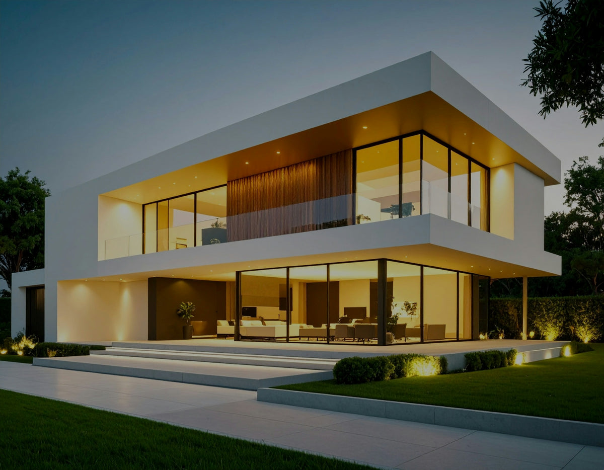 Modern house exterior glowing with warm light at dusk